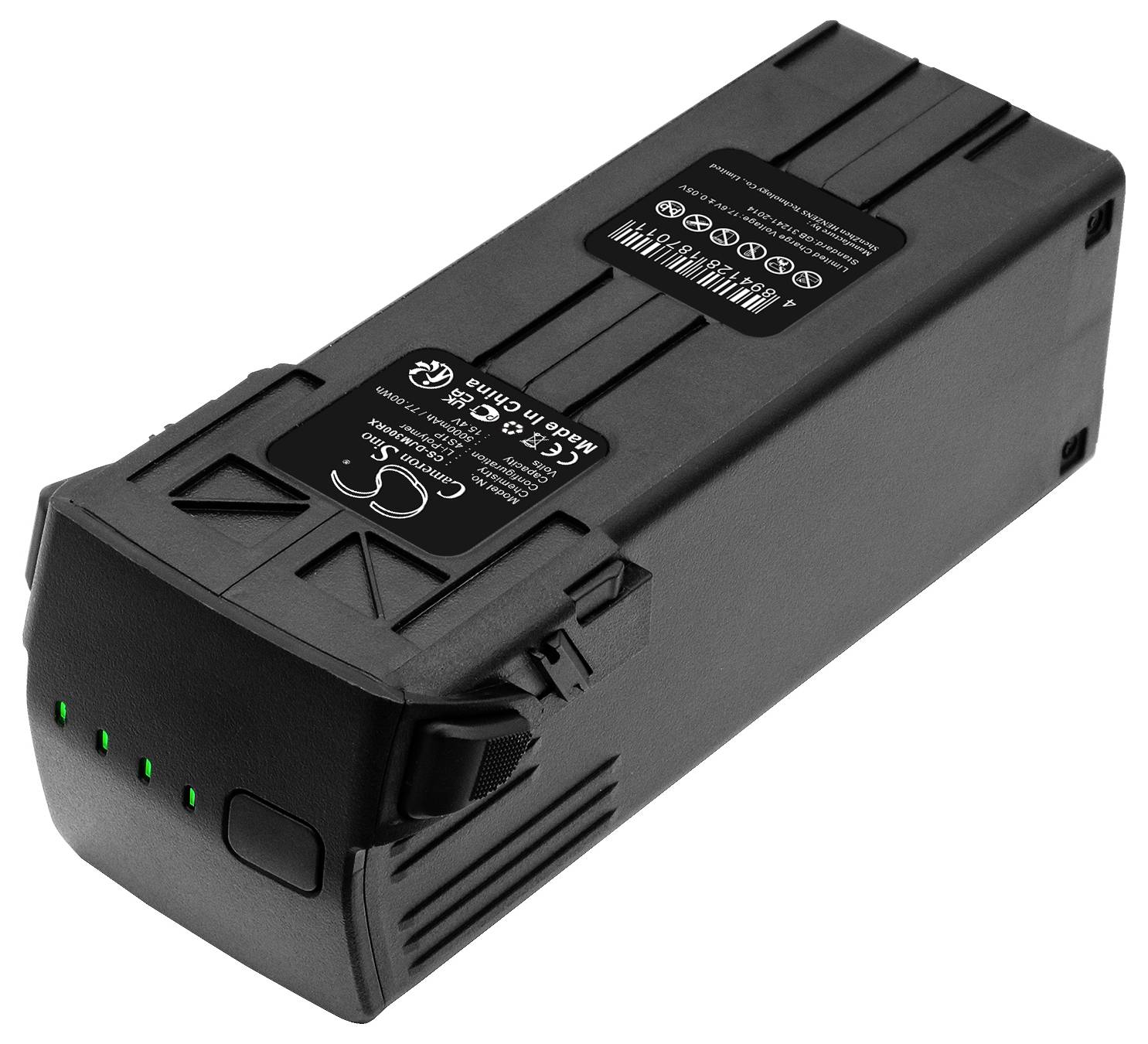Czarny akumulator z zielonymi wskaźnikami ładowania LED z przodu oraz informacjami technicznymi na górnej powierzchni.
