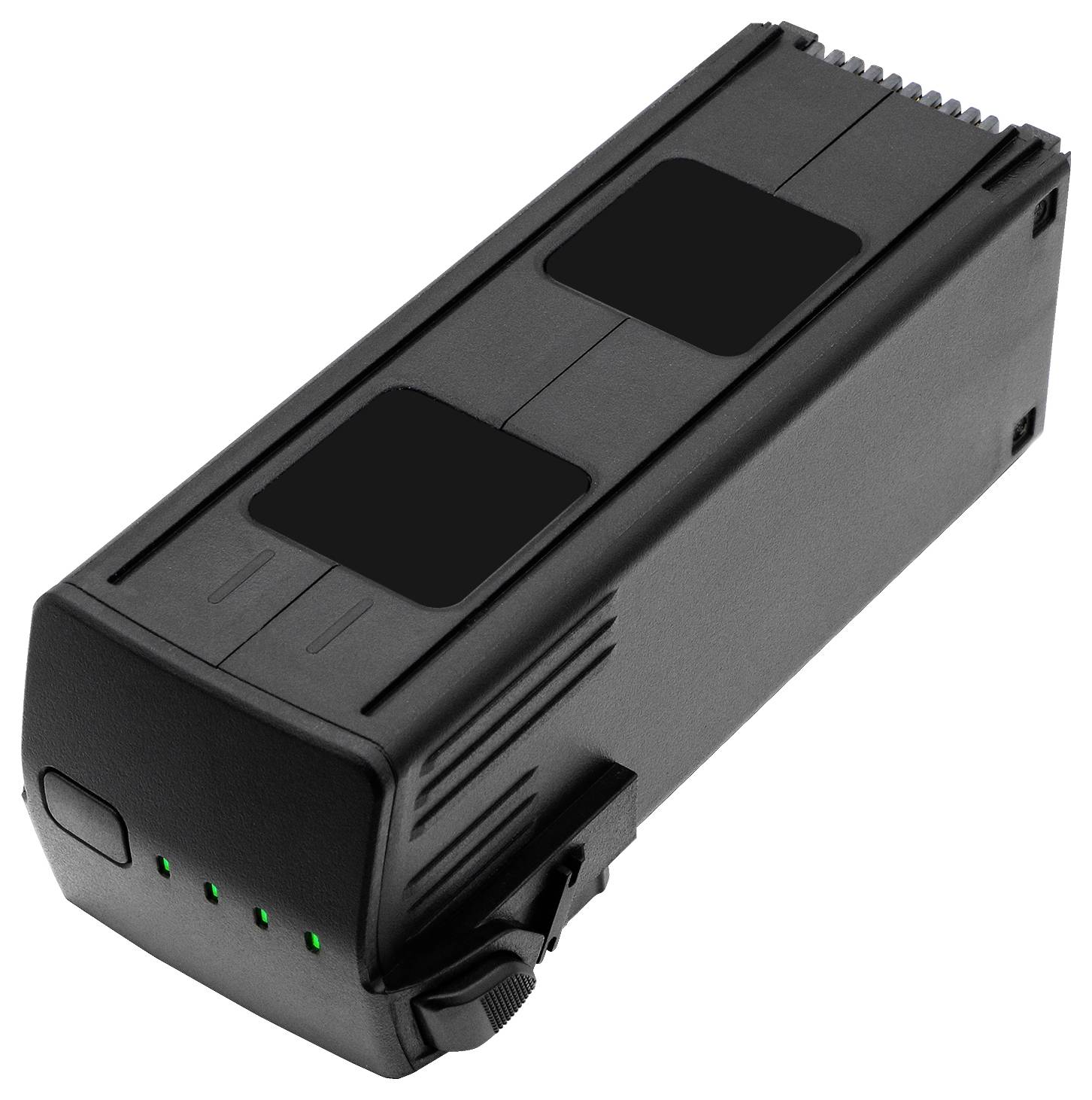 Czarny akumulator litowo-jonowy do dronów, lekko pochylony, z czterema zielonymi diodami LED z przodu wskazującymi stan naładowania.