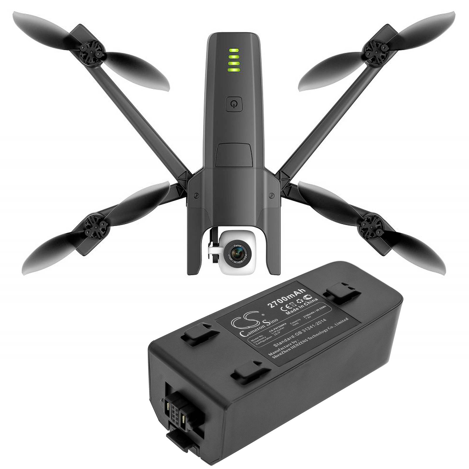 Dron z czterema rotorami i kamerą, nad nim akumulator o pojemności 2700 mAh ze specyfikacją.