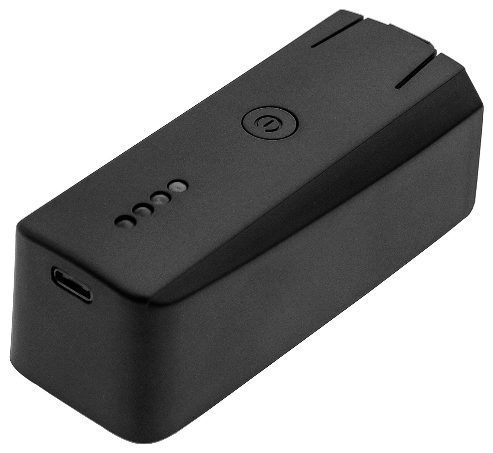 Czarny, prostokątny akumulator z czterema wskaźnikami LED i złączem USB-C, odpowiedni do urządzeń technicznych.