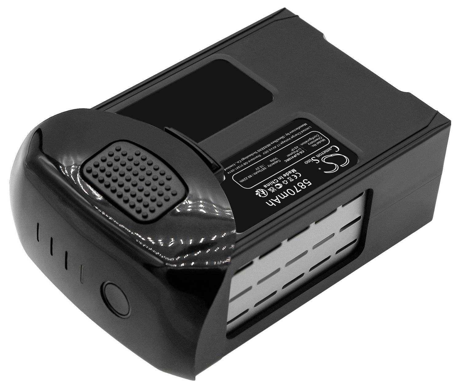 Czarny akumulator z otworami wentylacyjnymi i naklejką z informacjami technicznymi.