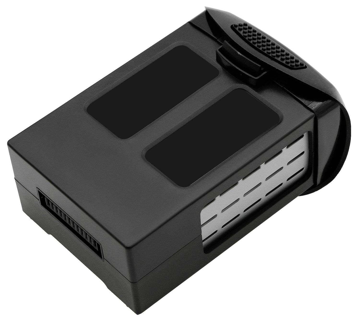 Czarny akumulator litowo-jonowy z kratką wentylacyjną, w kształcie prostokąta, typowo stosowany w drонach lub kamerach.