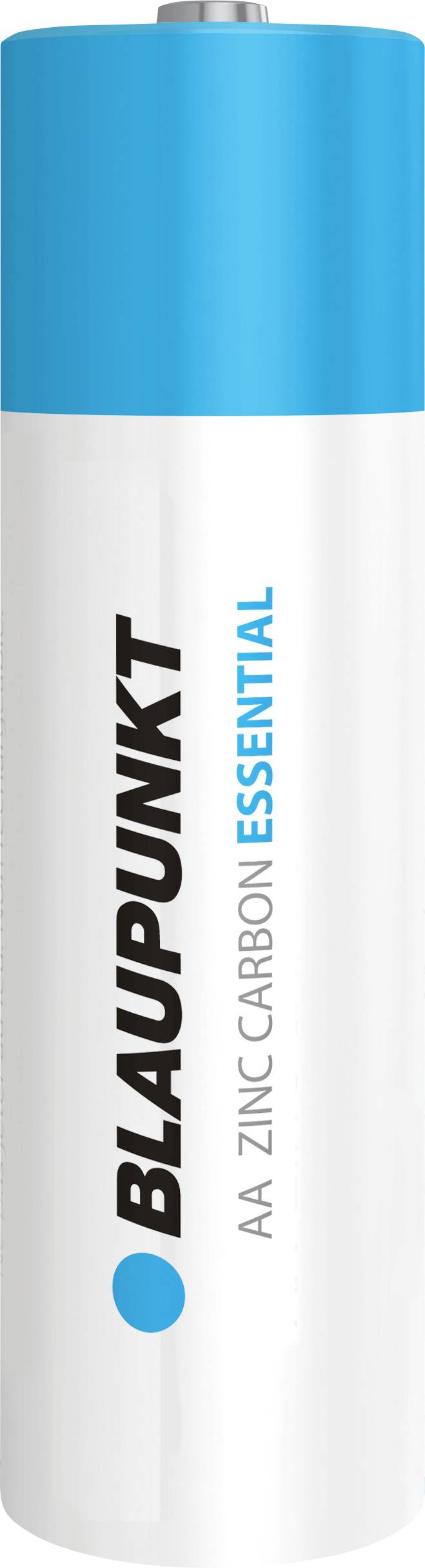 Biała bateria z niebieskim górnym końcem. Nadruk: 'Blaupunkt AA Zinc Carbon Essential'.