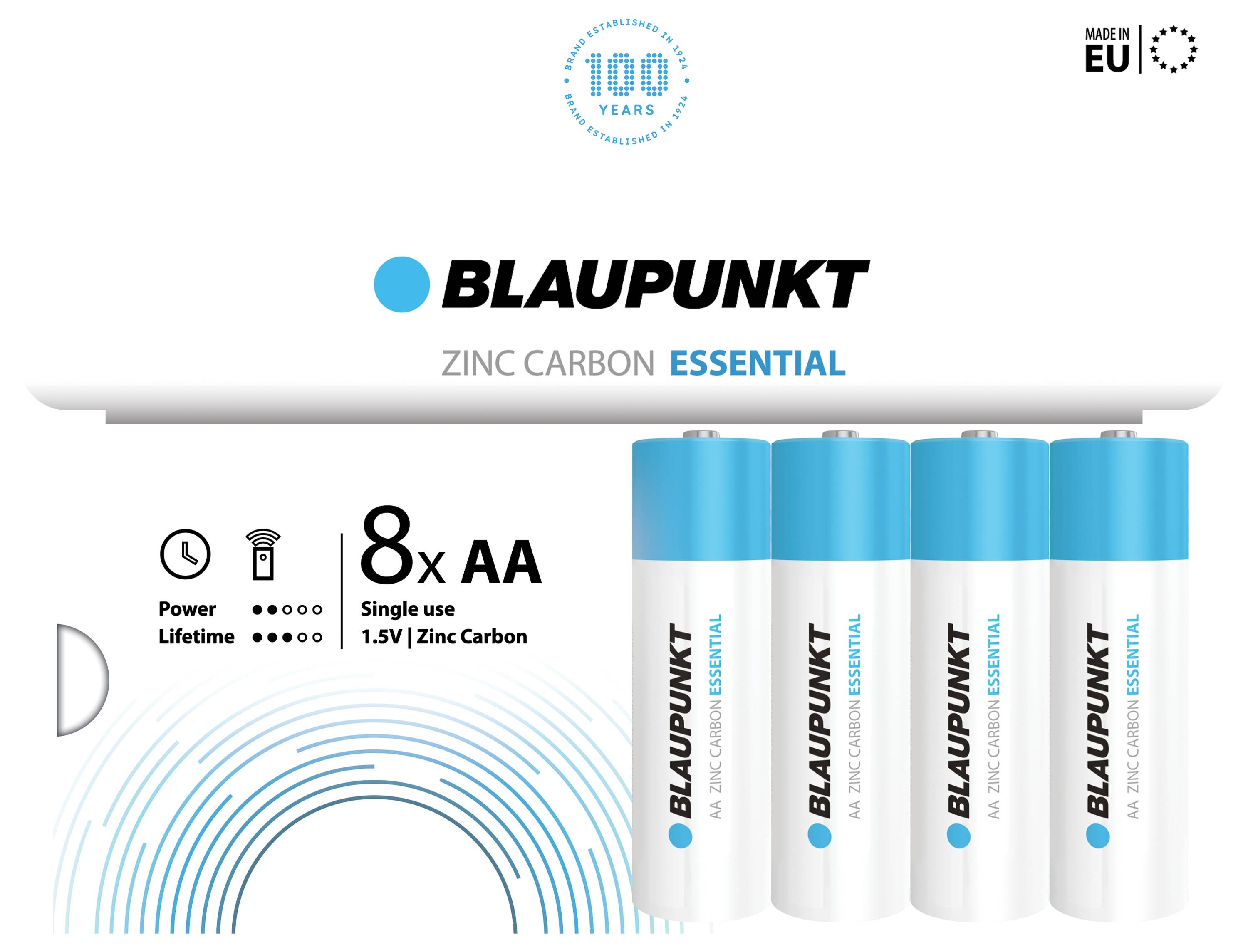 Opakowanie baterii 'Blaupunkt' z 8 bateriami AA cynkowo-węglowymi, podkreślane jako 'Essential', 1,5V, energooszczędne, długotrwałe.