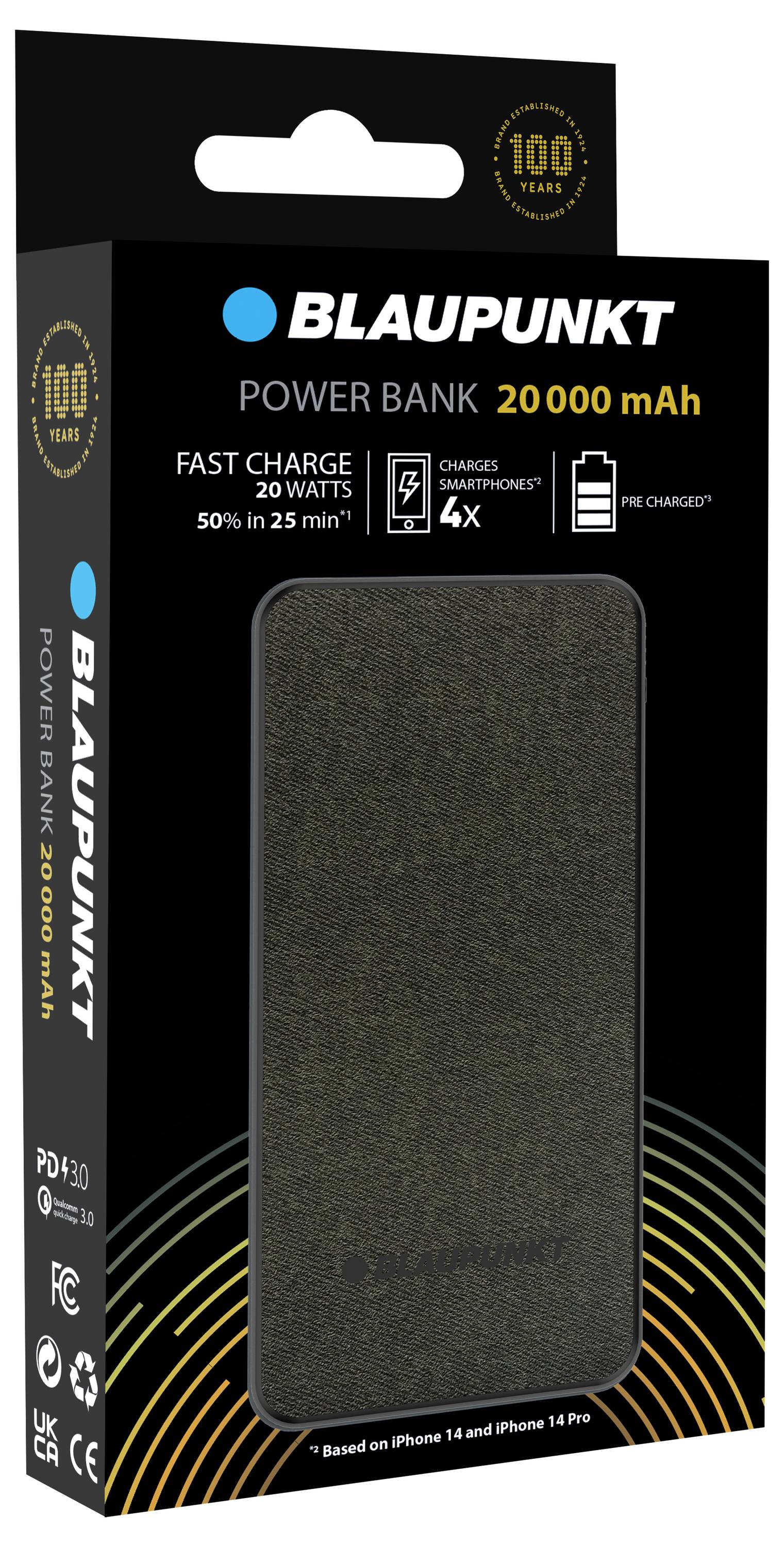 Powerbank Blaupunkt o pojemności 20 000 mAh. Napis "Fast Charge 20 Watts", ładuje smartfony do pięćdziesięciu procent w ciągu 25 minut.