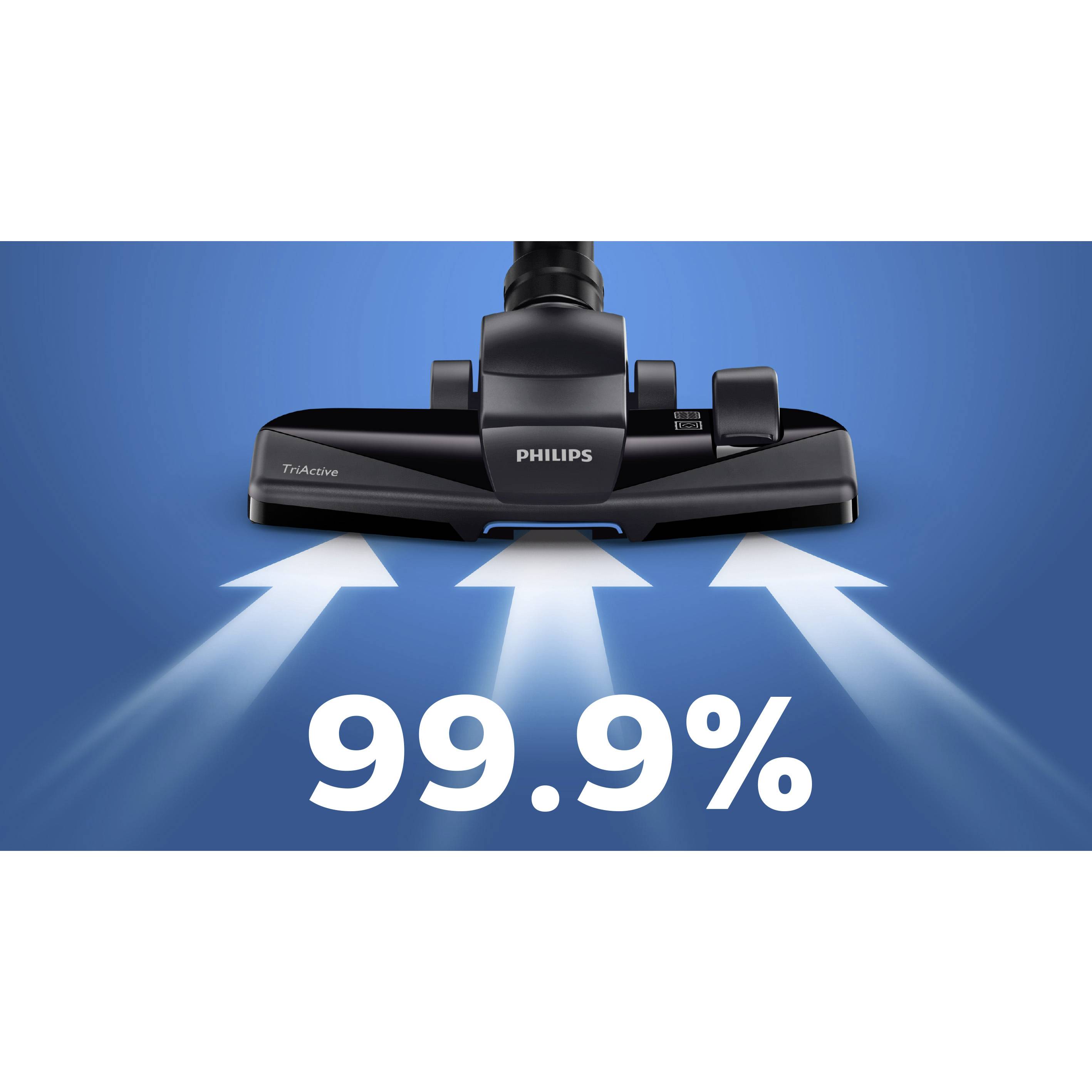 Głowica odkurzacza z napisem 'Philips'; poniżej dużymi cyframi '99.9%', symbolizująca silną moc ssania.