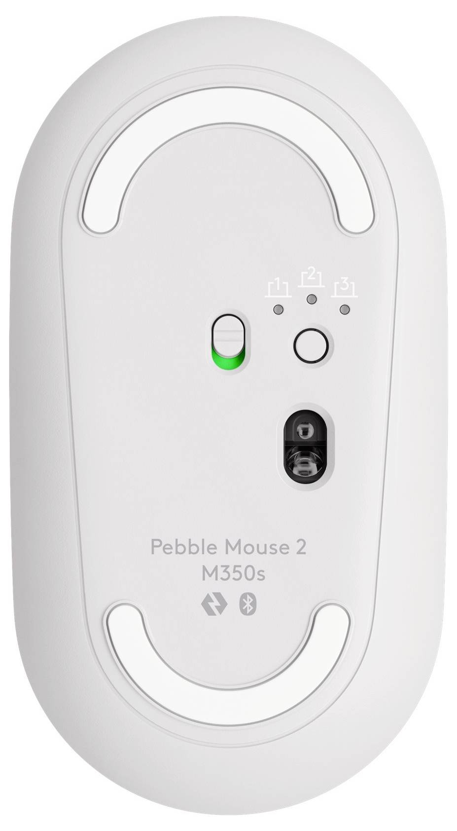 Spód komputerowej myszki z dwoma dużymi antypoślizgowymi podkładkami, przyciskiem czujnika oraz symbolami połączenia. Model: Pebble Mouse 2 M350s.