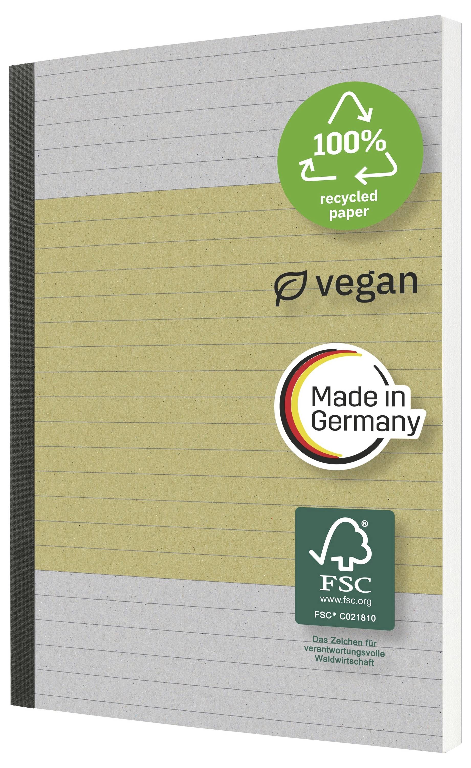 Okładka notesu z projektem papieru w linie i ekoetykietami: '100% papieru z recyklingu', 'wegańskie', 'Wyprodukowane w Niemczech' i certyfikacja FSC.