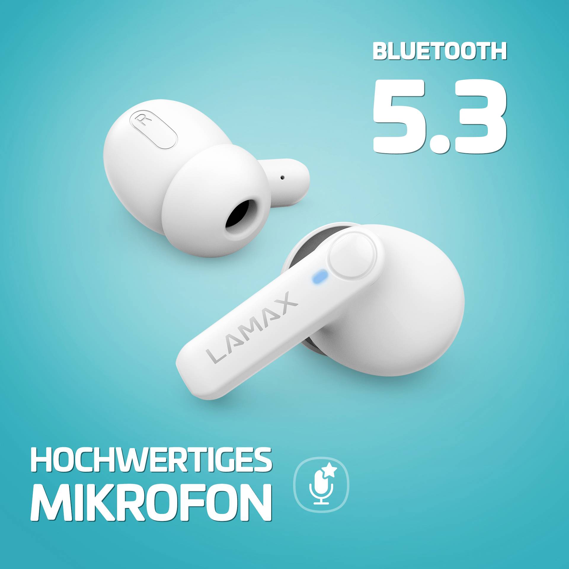 Dwa białe bezprzewodowe słuchawki douszne z napisem 'Bluetooth 5.3' na niebieskim tle. Tekst: 'Wysokiej jakości mikrofon'.