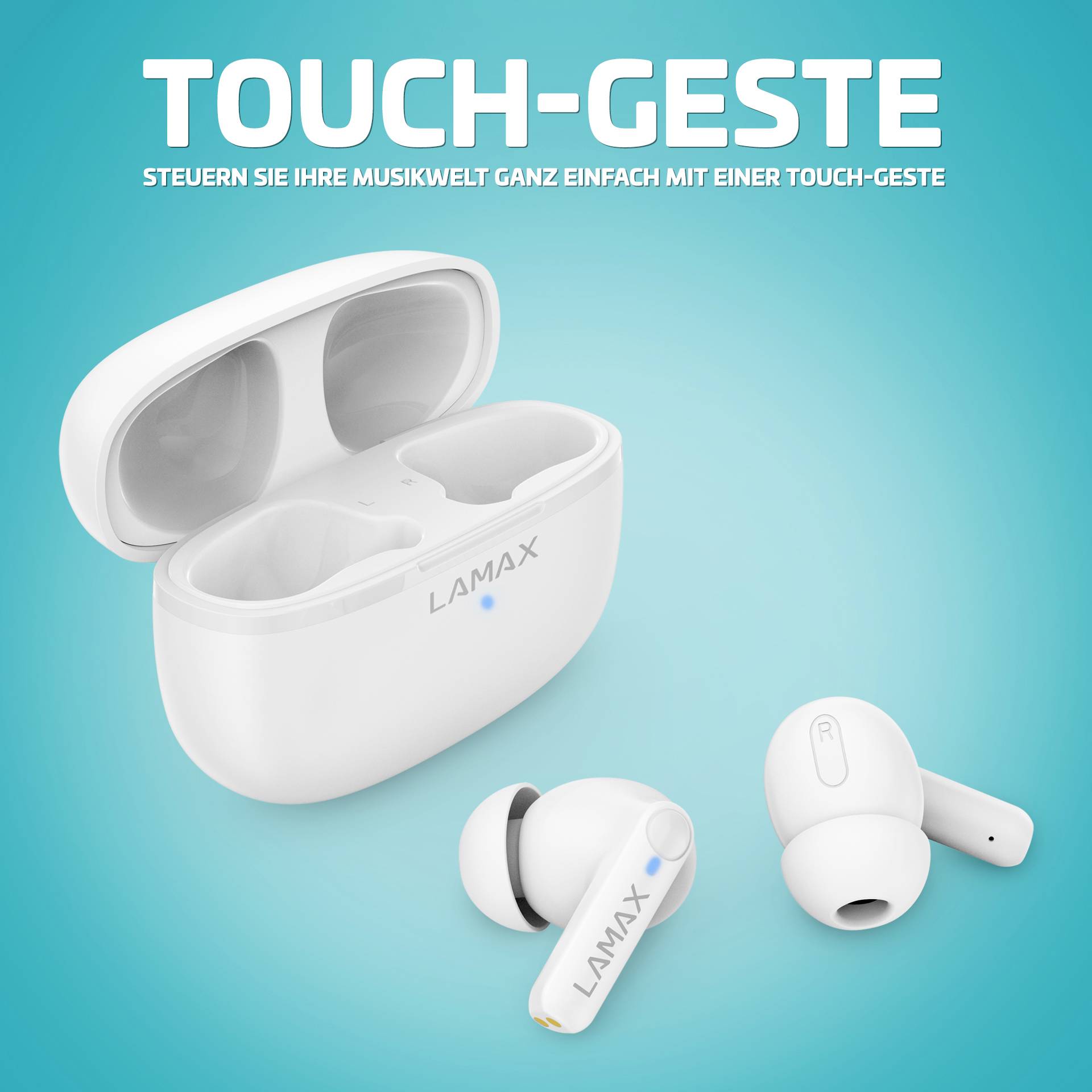 Białe bezprzewodowe słuchawki douszne z etui ładującym na niebieskim tle. Tekst na górze: Gest dotykowy - Steruj swoim światem muzycznym jednym dotknięciem.