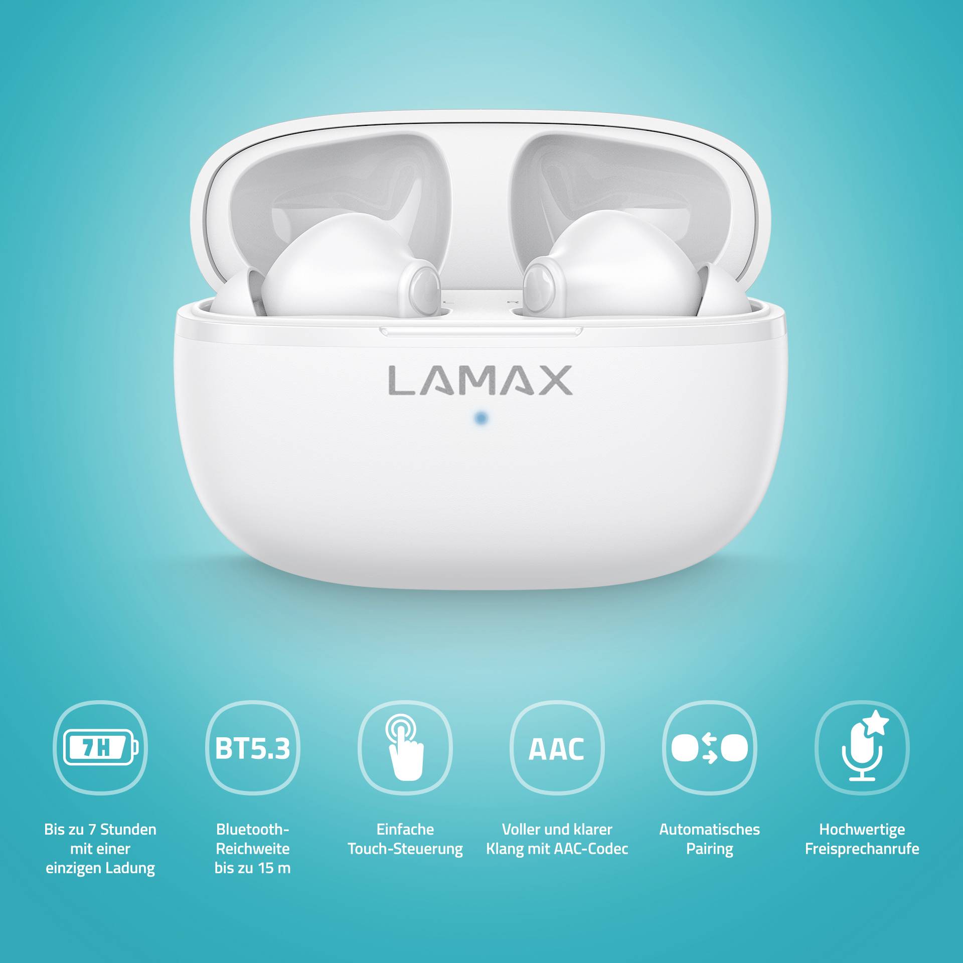 Białe bezprzewodowe słuchawki douszne w etui ładującym z logo LAMAX. Poniżej symbole: 7 godzin pracy baterii, BT5.3, sterowanie dotykowe, AAC, automatyczne parowanie, funkcja głośnomówiąca.