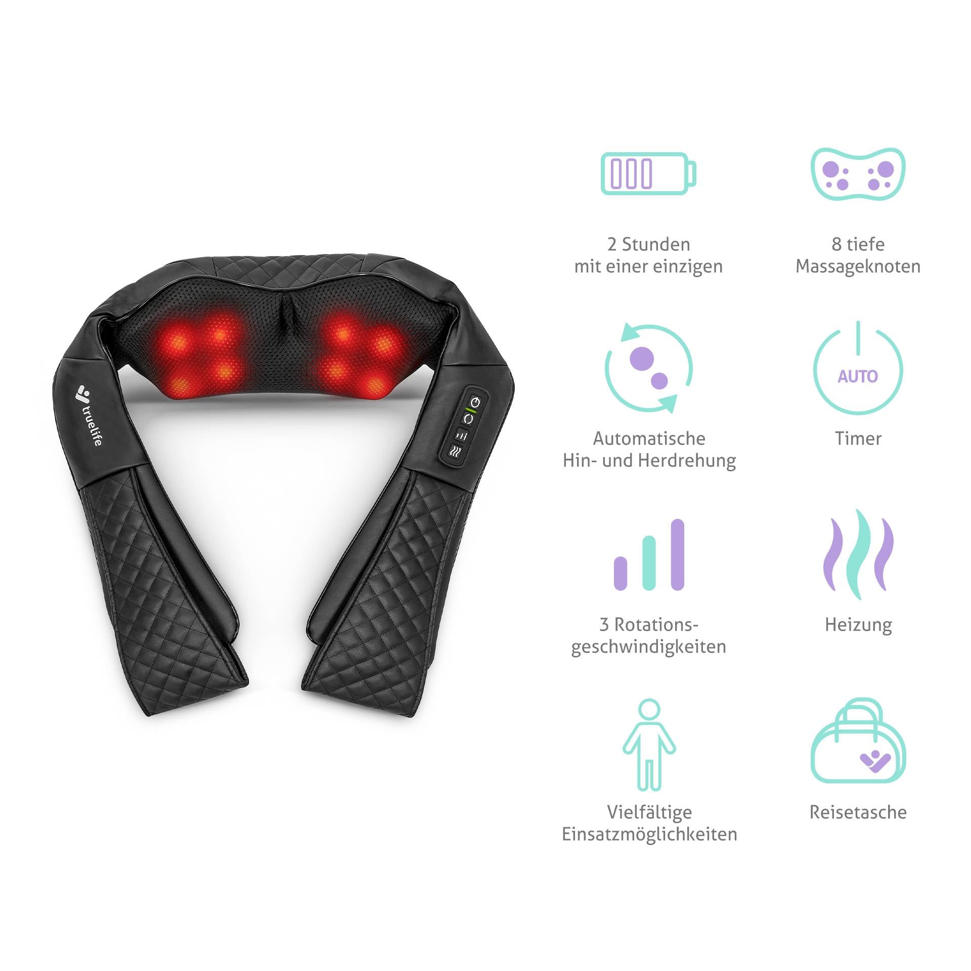 Czarny aparat do masażu z czerwonymi światłami, otoczony ikonami i tekstem opisującymi funkcje takie jak timer i 3 prędkości rotacji.