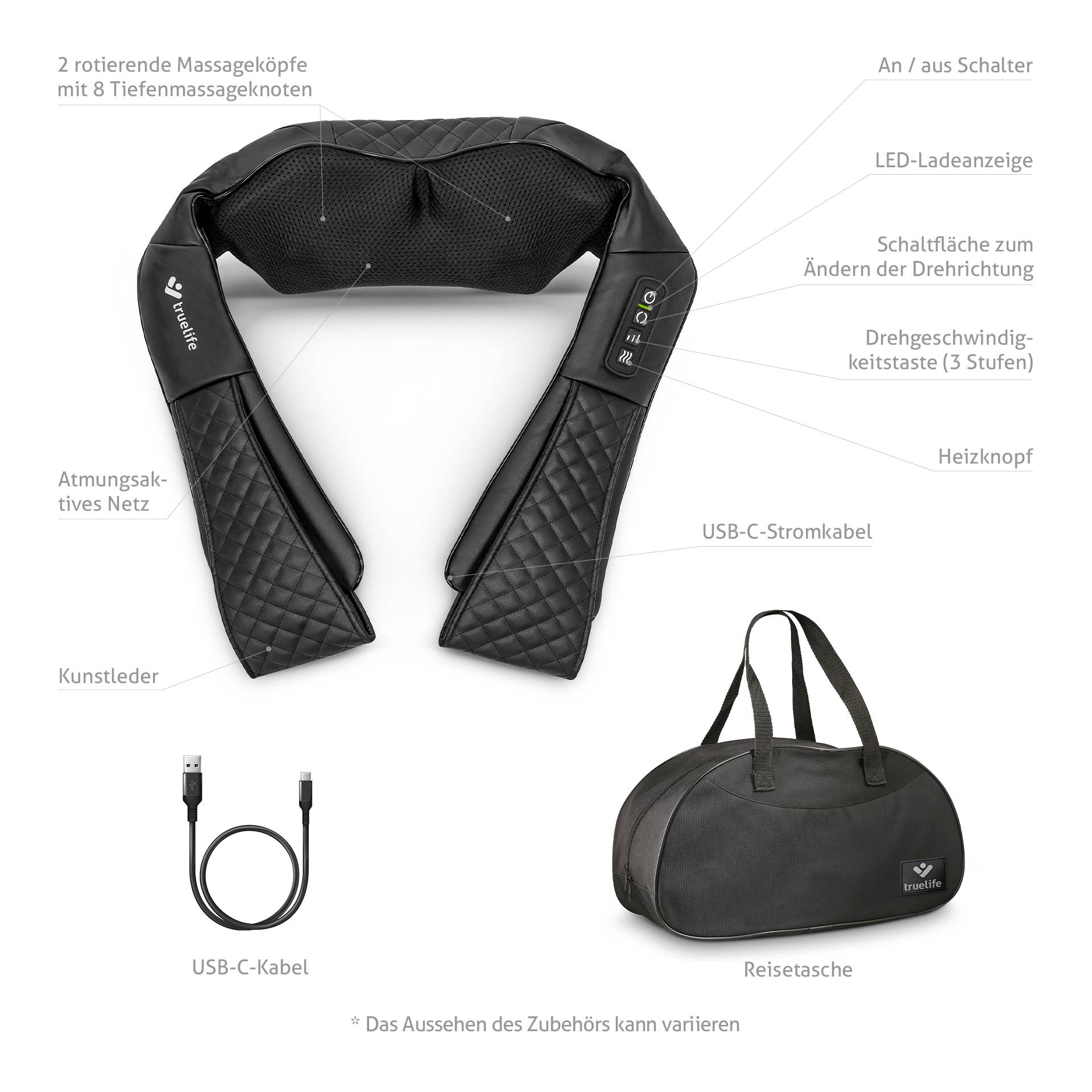 Urządzenie do masażu z różnymi funkcjami, takimi jak różne głowice masujące, przycisk podgrzewania oraz ustawienia prędkości obrotowej. Zawiera przewód i torbę do przenoszenia.