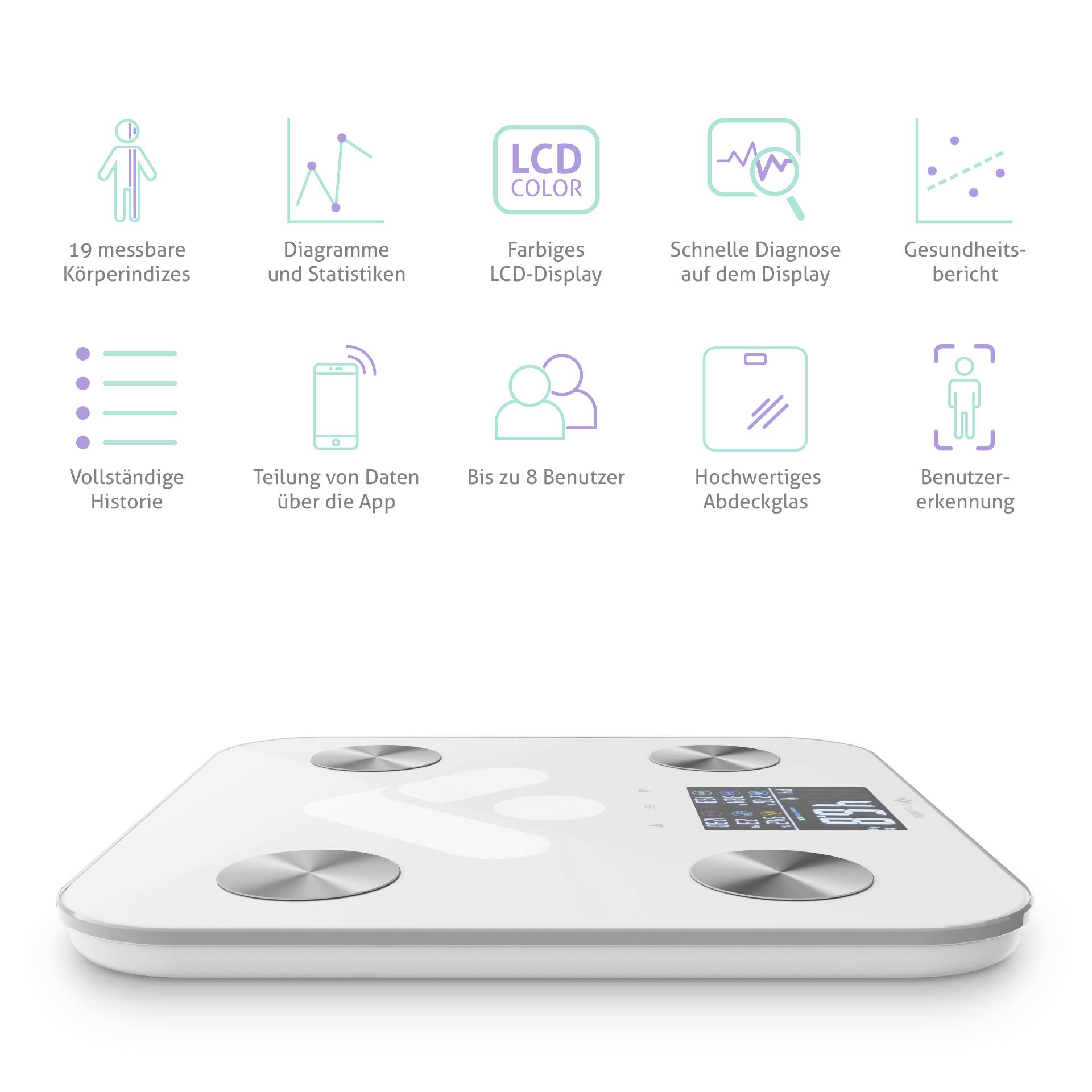 Cyfrowa waga z wyświetlaczem LCD pokazuje raporty zdrowotne, 19 wskaźników ciała oraz wykresy. Obsługuje do 8 użytkowników.