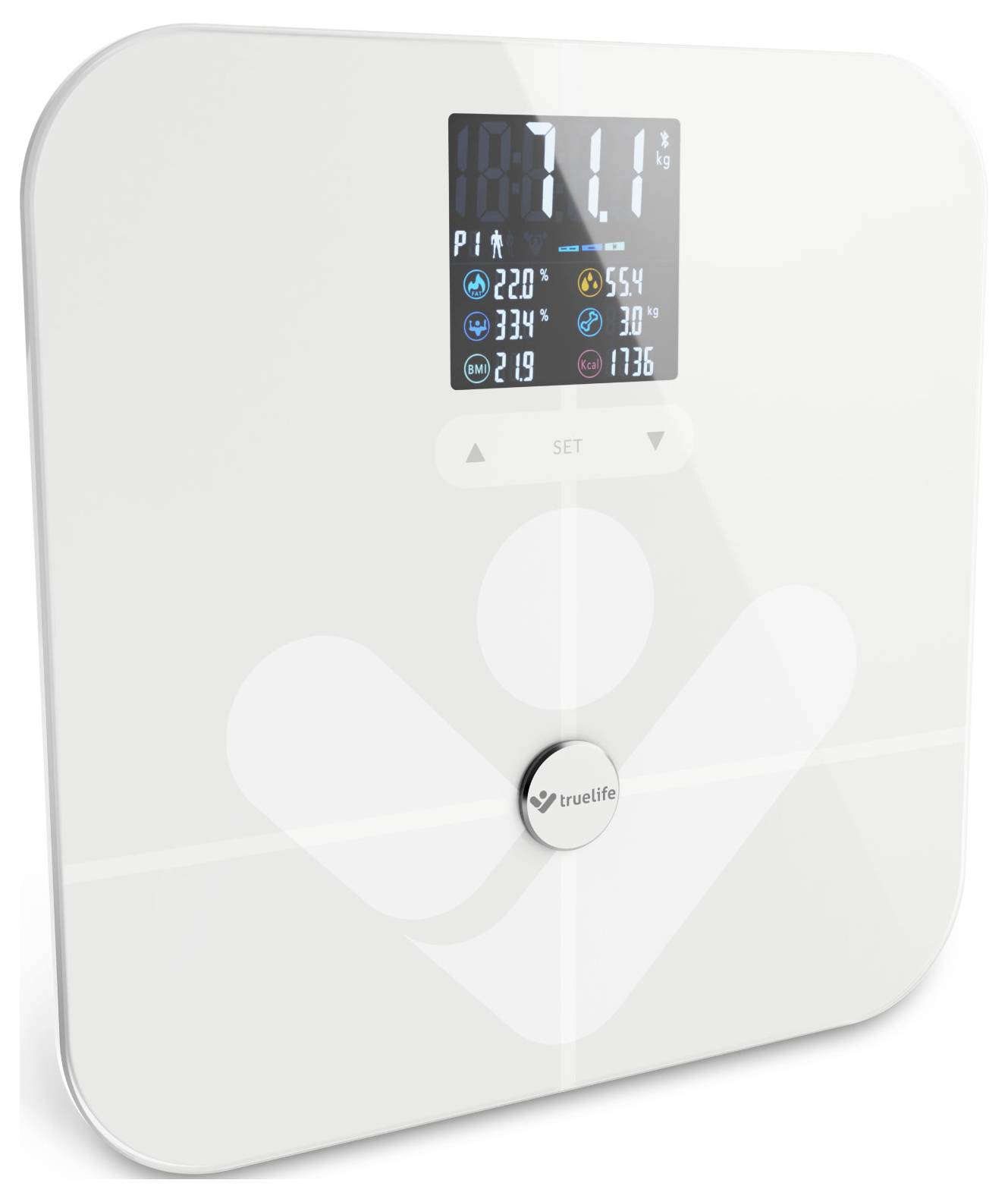 Цифрові персональні ваги truelife FitScale W7 BT, максимальний діапазон вимірювання = 180 кг, білі, з Bluetooth