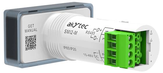 Moduł czujnika z interfejsem RS485, zielonym złączem terminalowym i kodem QR, z napisem 'GET MANUAL' oraz nazwą producenta 'akytec'.