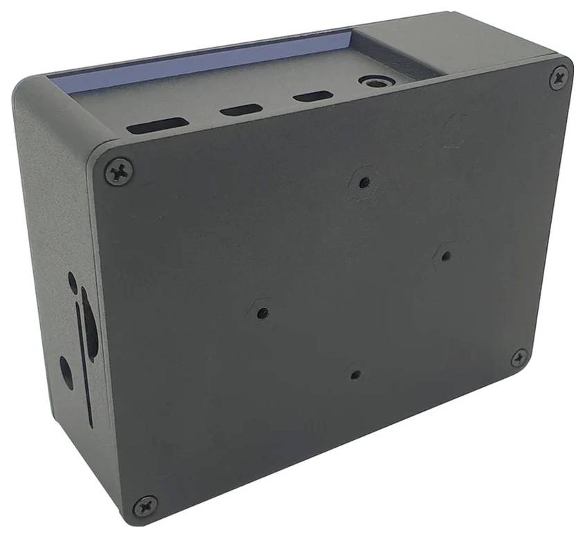 Czarna, prostokątna obudowa z zaokrąglonymi narożnikami i kilkoma otworami mocującymi. Odpowiednia do instalacji elektronicznych.