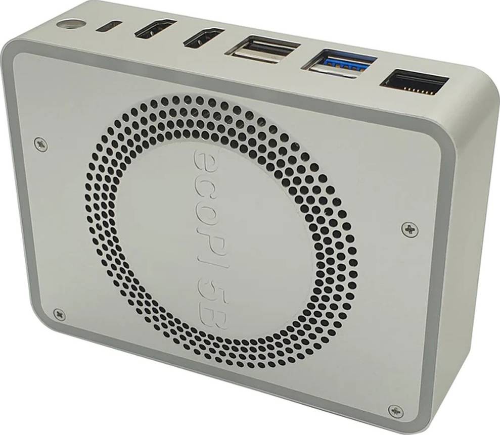 Kompaktowy mini-komputer z wieloma opcjami podłączenia, takimi jak HDMI, USB i Ethernet. Na boku obudowy widoczny jest napis 'ecoPI 5B'.