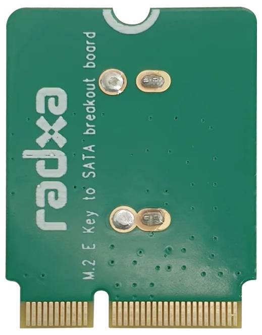 Płytka adaptera M.2-E-Key do SATA firmy Radxa z zieloną płytką drukowaną, służąca do podłączenia interfejsu M.2 z urządzeniami SATA.