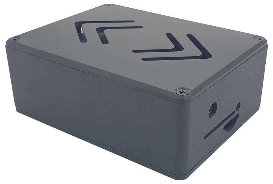 Czarna prostokątna obudowa elektroniczna z otworami i szczelin wentylacyjnych.