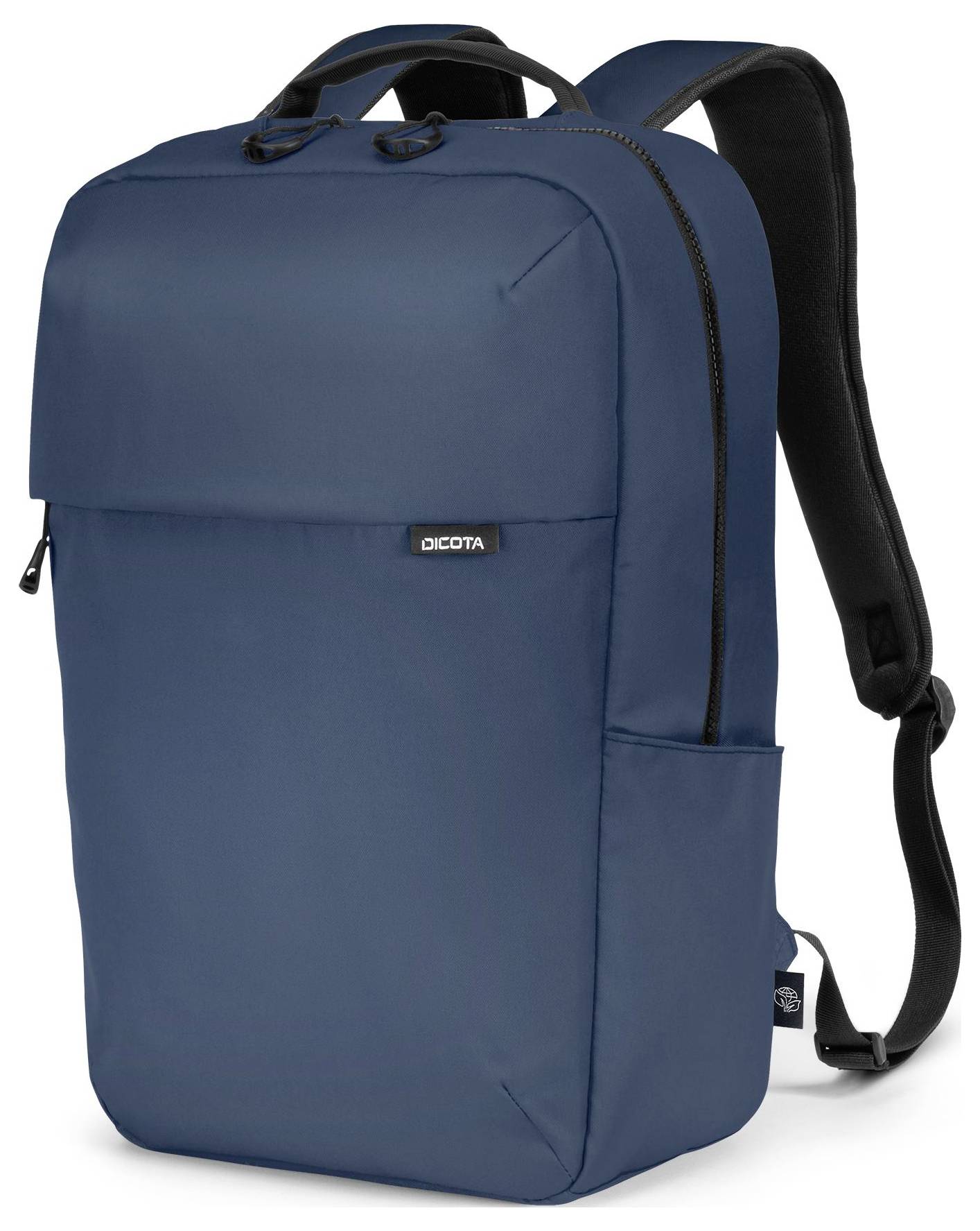 Pojedynczy plecak w ciemnoniebieskim kolorze z paskami i zamkami błyskawicznymi, odpowiedni do przewożenia laptopa i przedmiotów codziennego użytku.