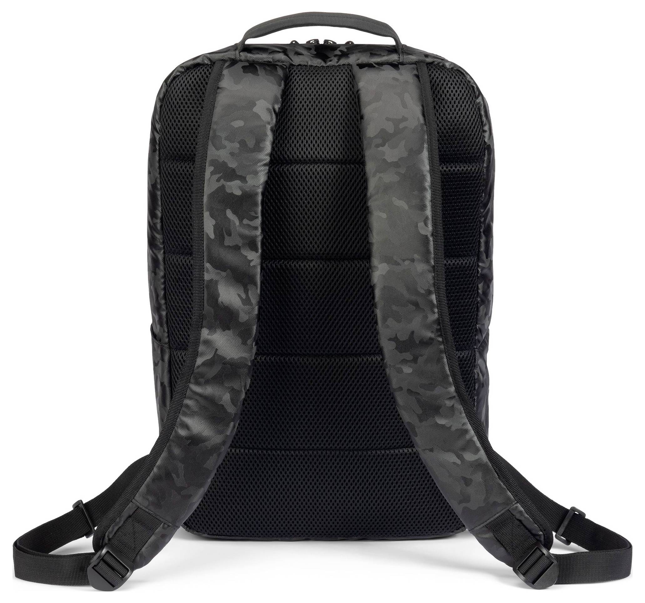 Plecak w kolorach maskujących, widziany od tyłu. Posiada dwa wyściełane szelki i uchwyt górny, odpowiedni do aktywności na świeżym powietrzu.