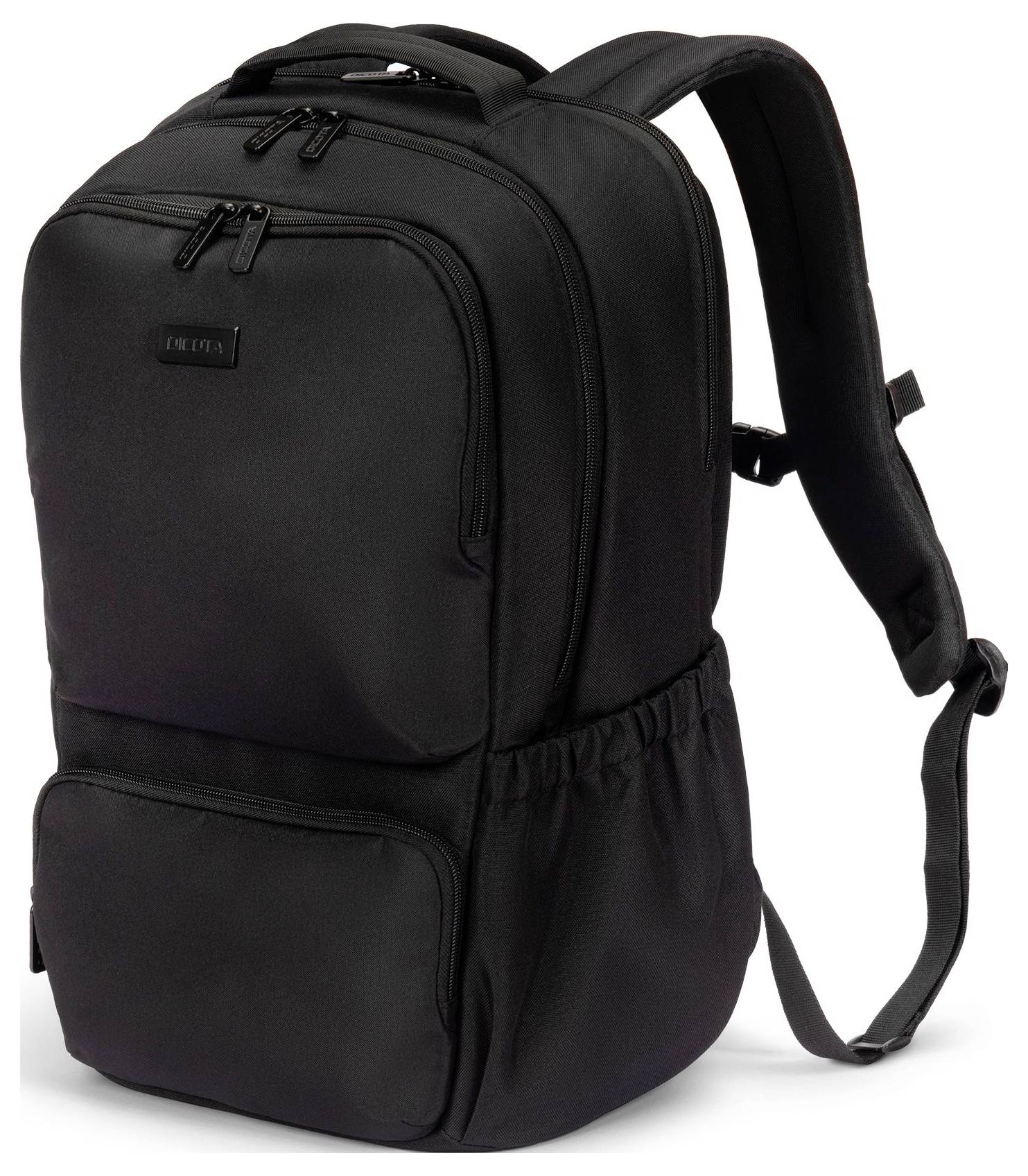 Czarny plecak z wieloma komorami i zamkami błyskawicznymi, dwoma bocznymi kieszeniami oraz regulowanymi paskami na ramiona.