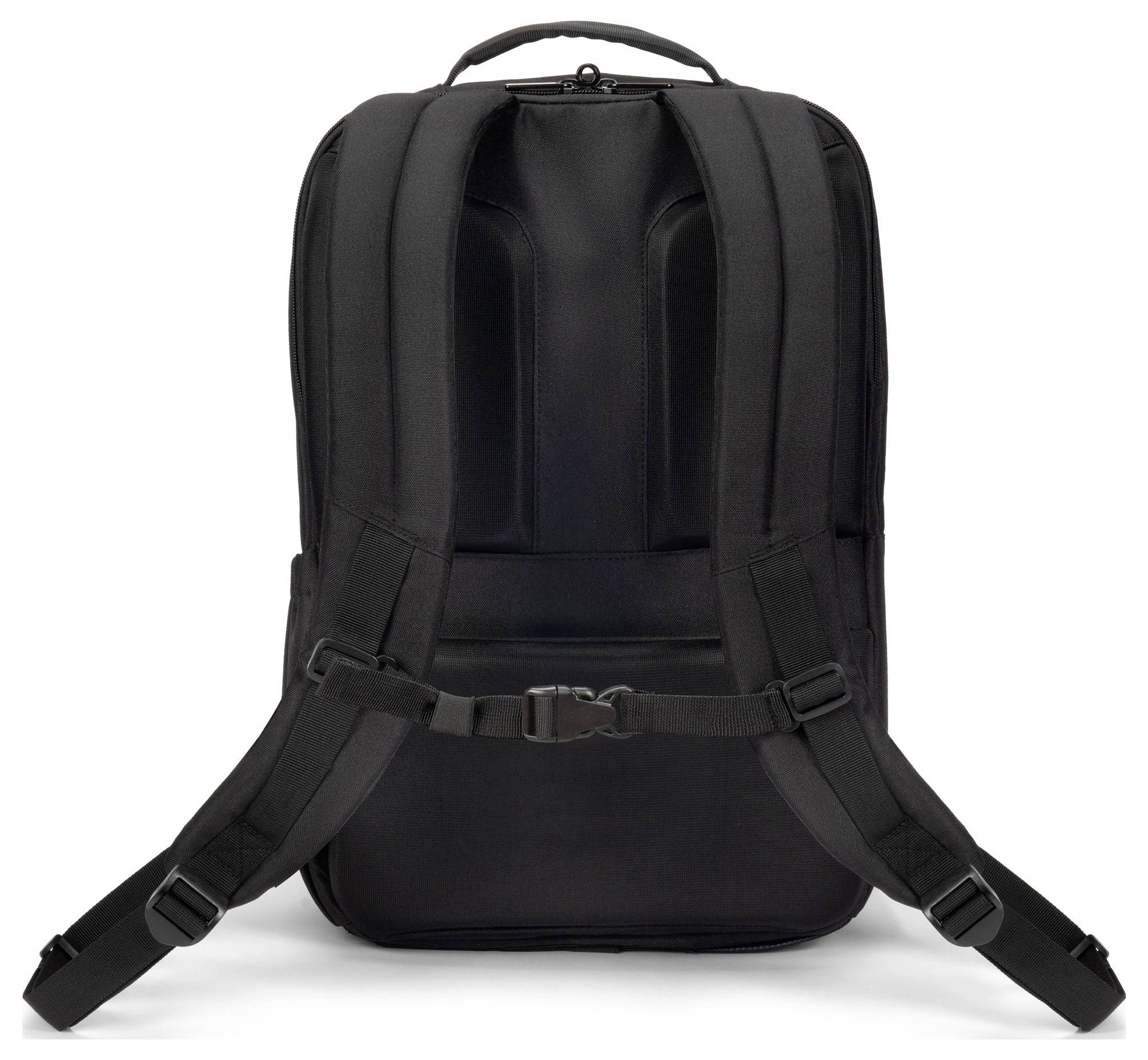 Widok z tyłu czarnego plecaka z wyściełanymi paskami na ramiona i pasem piersiowym.