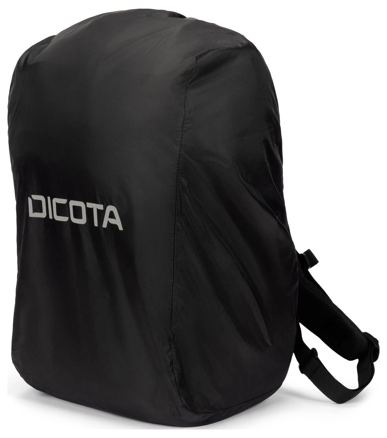 Czarny plecak z napisem 'DICOTA', prosty w projekcie, odpowiedni do codziennego użytku lub podróży.