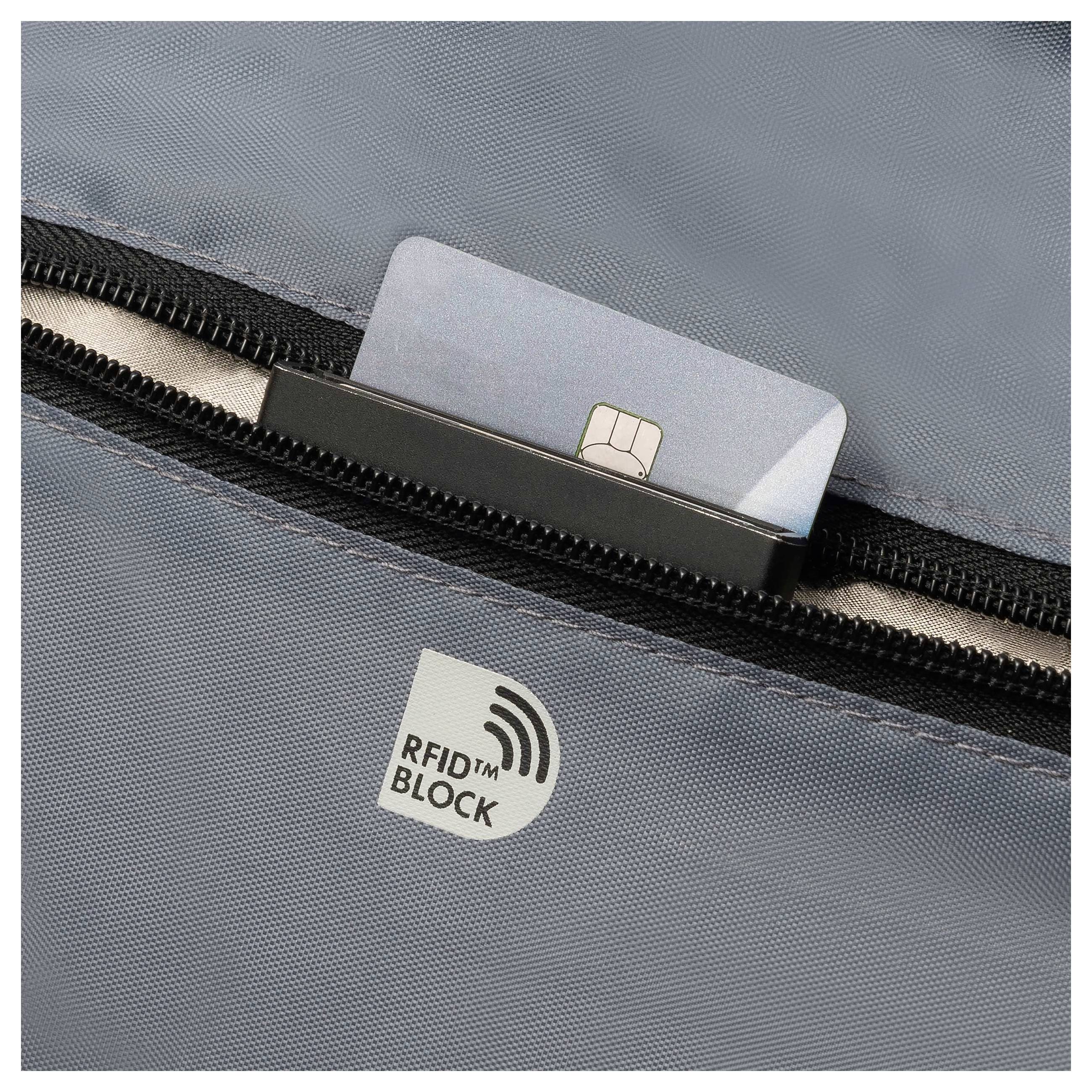 Srebrna karta kredytowa wystaje do połowy z szarej torby z logo blokera RFID, zapewniającego ochronę przed kradzieżą danych.