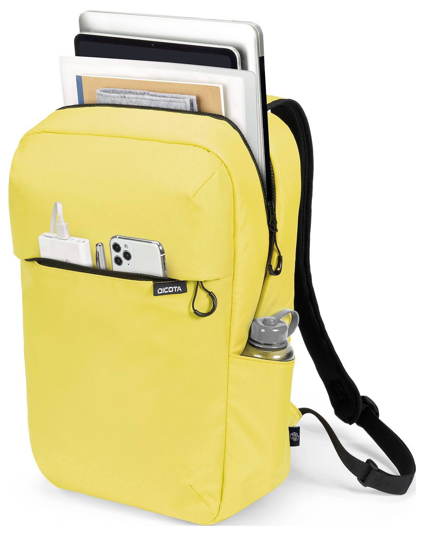 Żółty plecak z wieloma komorami. Mieści laptopa, tablet, książki, butelkę wody i smartfona. Idealny do codziennego użytku lub podróży.