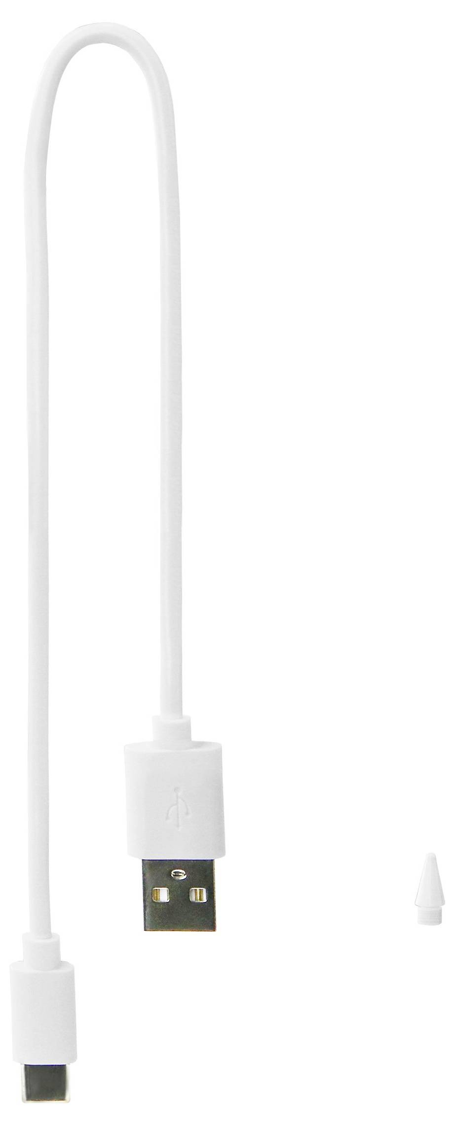 Białowy kabel USB z wtyczką i gniazdem, lekko wygiętym w środkowej części. Po prawej stronie mały, biały obiekt.