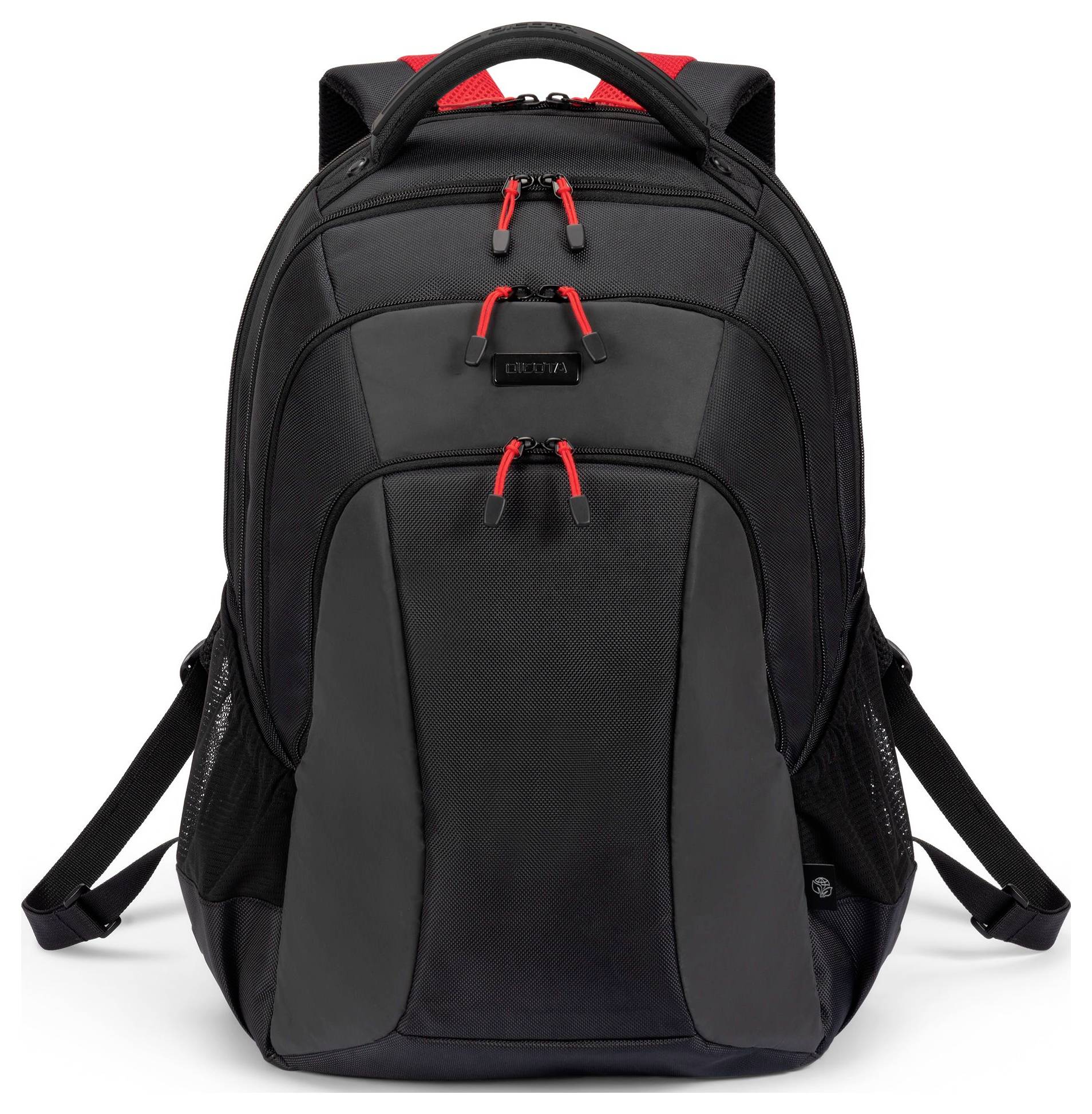 Czarny plecak z czerwonymi zamkami błyskawicznymi i wieloma kieszeniam, idealny do szkoły lub pracy.