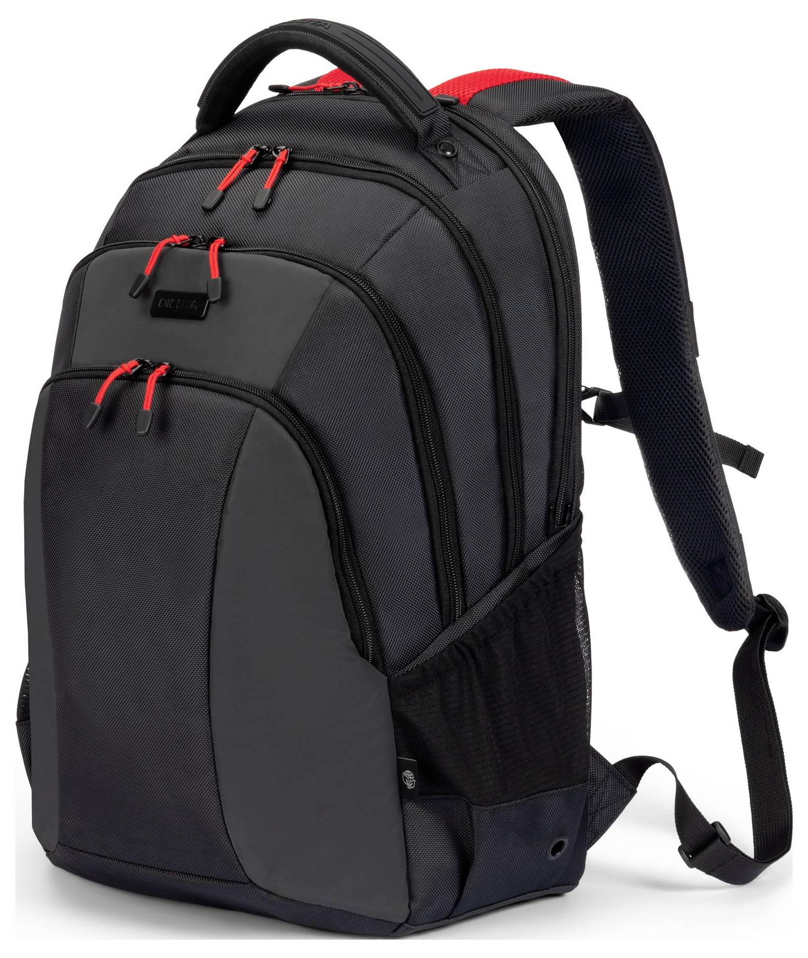 Czarny plecak z czerwonymi zamkami błyskawicznymi, wieloma kieszeniam i poduszeczkowymi paskami. Odpowiedni do podróży lub szkoły.
