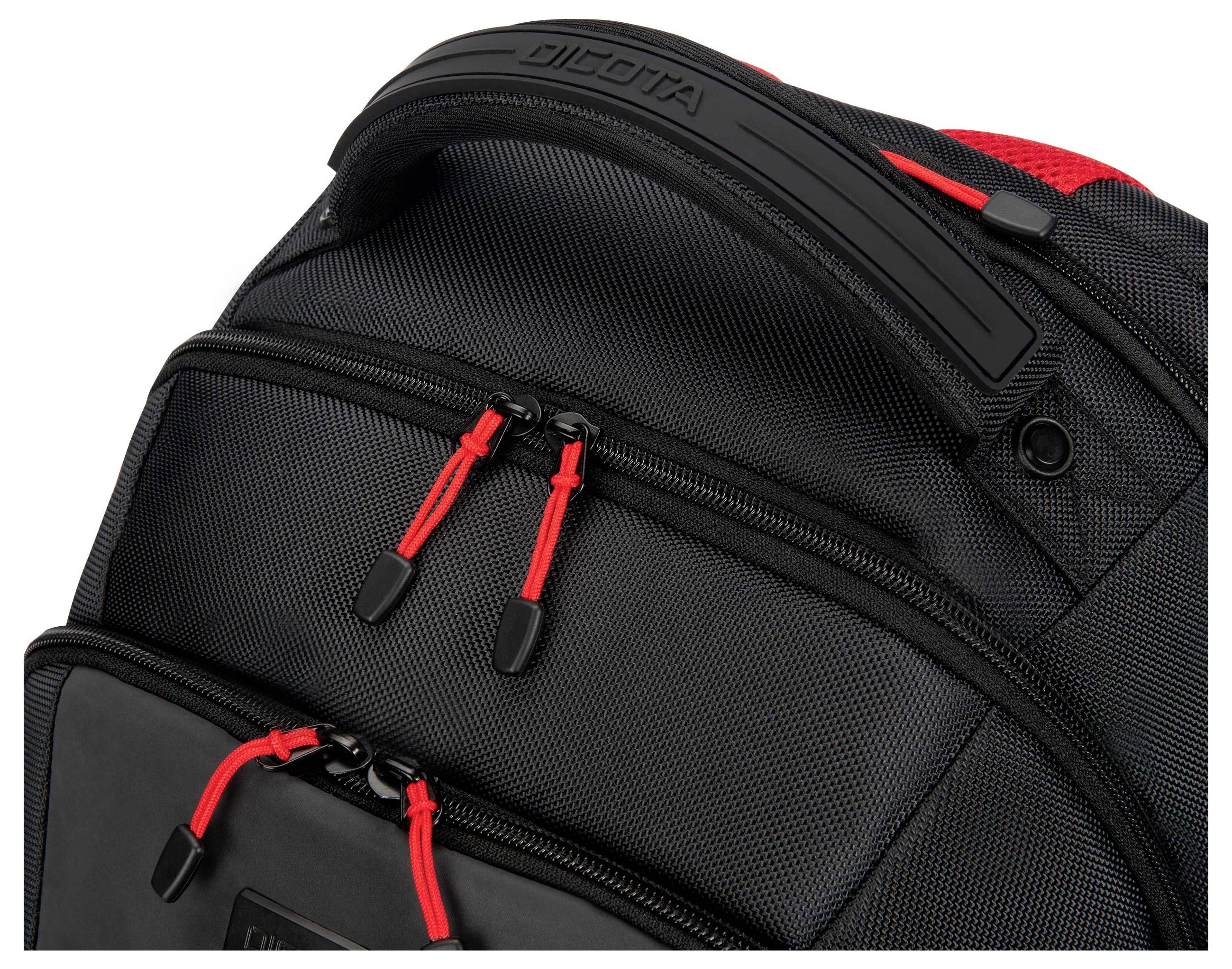 Czarny plecak z czerwonymi zamkami, wykonany z wytrzymałego materiału, odpowiedni do transportu i ochrony przedmiotów osobistych.