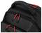 Czarny plecak z czerwonymi zamkami, wykonany z wytrzymałego materiału, odpowiedni do transportu i ochrony przedmiotów osobistych.