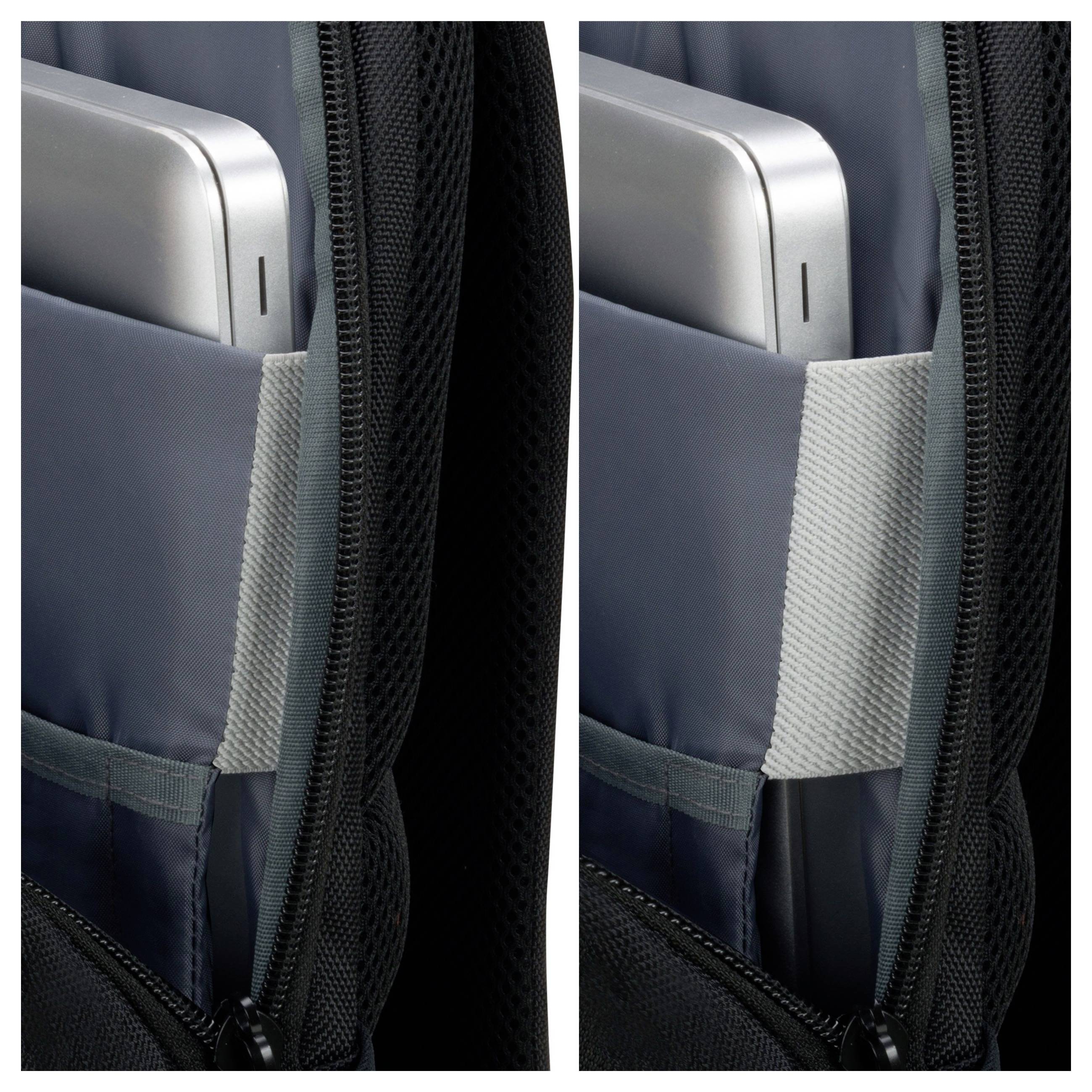 Dwa zdjęcia przedstawiają szare urządzenie w torbie. Po lewej stronie widoczne z siateczkową tkaniną, po prawej stronie pokryte gładką tkaniną.