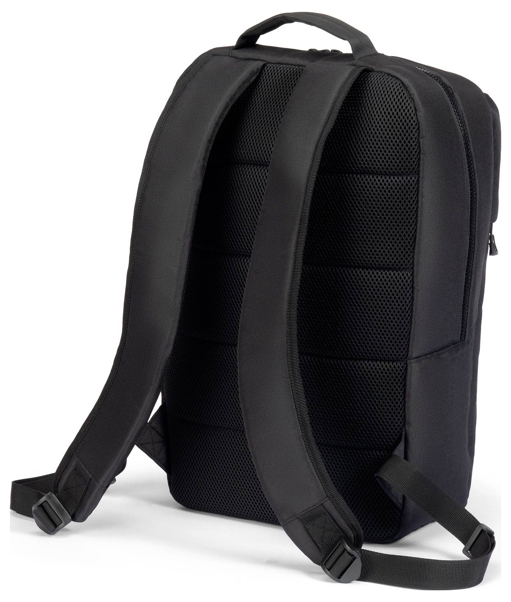 Czarny plecak widziany od tyłu, wyposażony w wyściełane szelki i plecy, zaprojektowany z myślą o komforcie i trwałości.