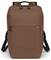 Brązowy plecak z czarnymi paskami na ramiona i zamkami błyskawicznymi, odpowiedni do transportowania przedmiotów codziennego użytku.