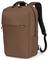 Brązowy plecak z czarnymi paskami i boczną kieszenią; odpowiedni do transportu codziennych przedmiotów.