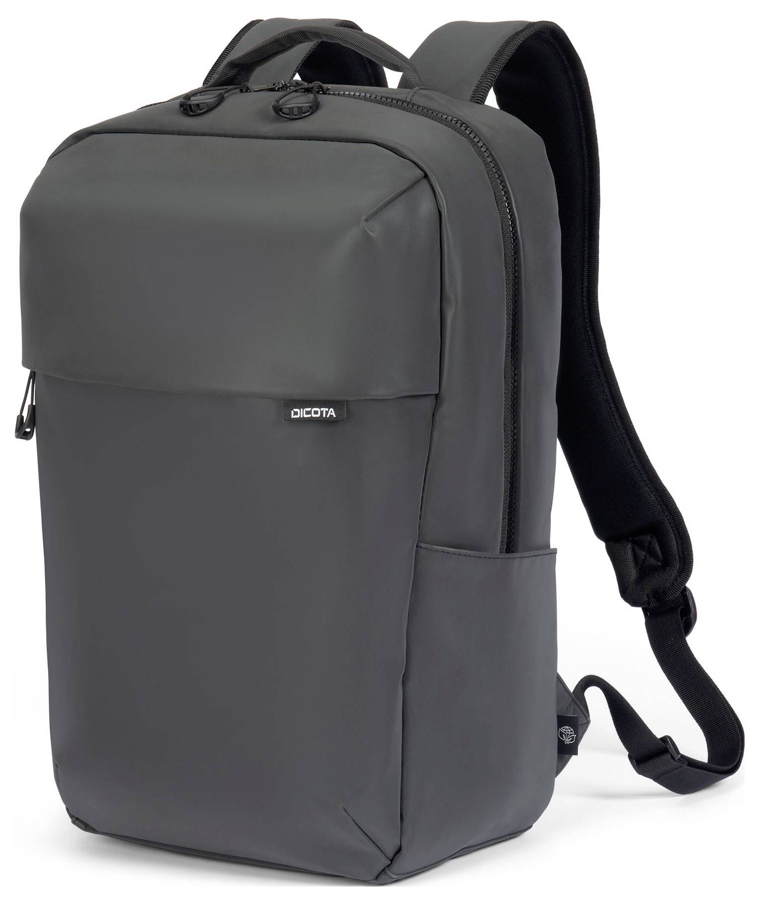 Szary plecak z dwoma zamkami błyskawicznymi i wyściełanymi paskami.