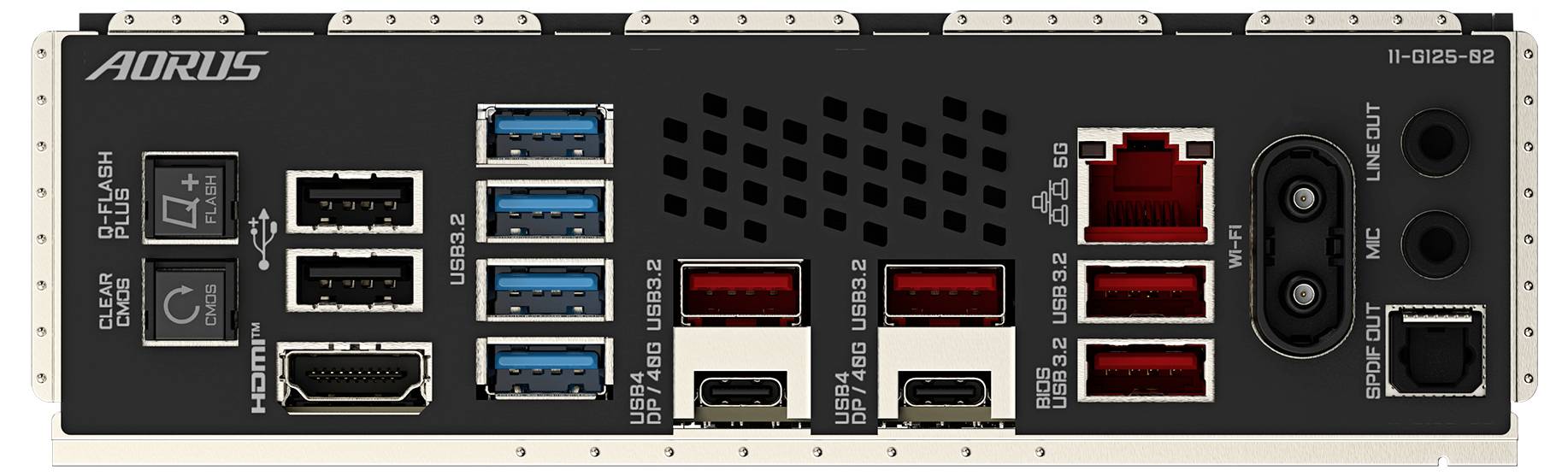 Tylna strona płyty głównej komputera z różnymi złączami: USB, HDMI, Ethernet, audio oraz zasilania.