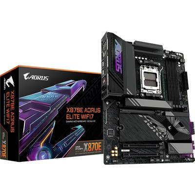 'Płyta główna AORUS X87E Elite WiFi 7 w opakowaniu. Posiada gniazdo AMD, podświetlenie RGB oraz najnowocześniejsze funkcje dla graczy.'