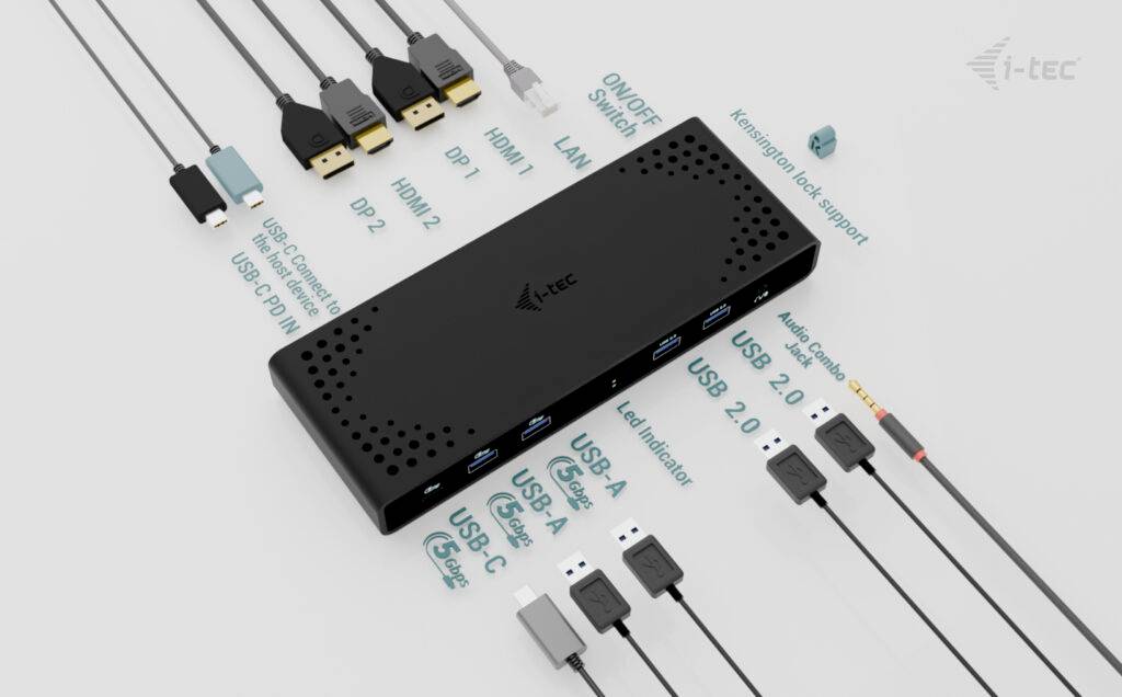 Czarne urządzenie stacji dokującej firmy i-tec z wieloma portami: HDMI, DP, LAN, USB-C, USB-A, Audio oraz włącznikiem/wyłącznikiem.