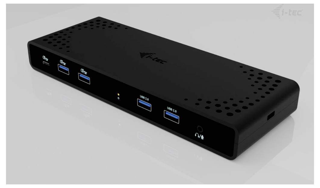 Czarna stacja dokująca i-tec z wieloma portami USB 3.0 na białej powierzchni.