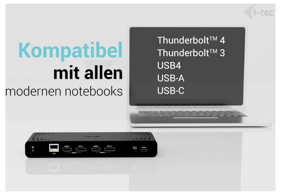 Stacja dokująca przed laptopem. Tekst: 'Kompatybilna ze wszystkimi nowoczesnymi notebookami. Thunderbolt™ 4, Thunderbolt™ 3, USB4, USB-A, USB-C'.