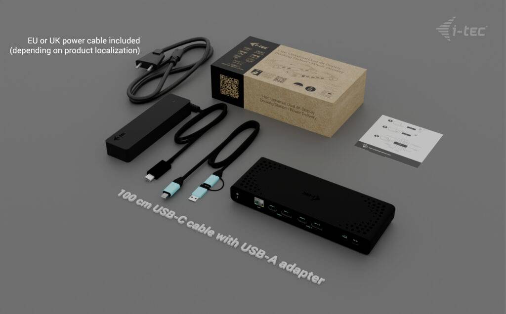 Zestaw stacji dokującej USB-C: Pudełko, zasilacz, kabel zasilający EU/UK, kabel USB-C 100 cm z adapterem USB-A, instrukcja obsługi.