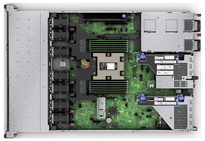 Widok wewnętrzny obudowy serwera z widocznymi bankami pamięci, procesorem, jednostkami chłodzącymi oraz slotami na zielonej płycie głównej.