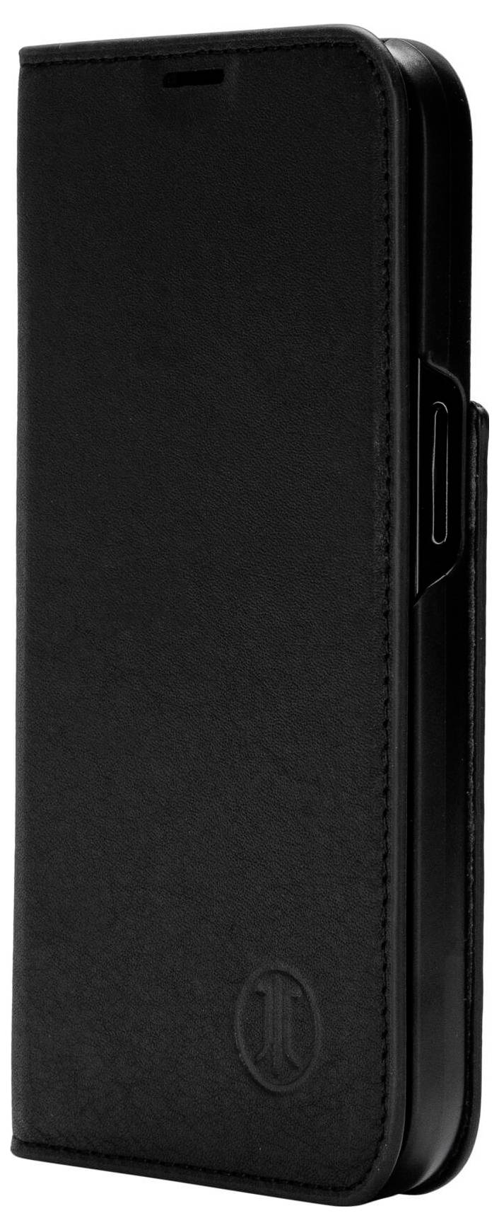 Czarne etui na smartfona ze skóry z wytłoczonym logo, ustawione w pionie.