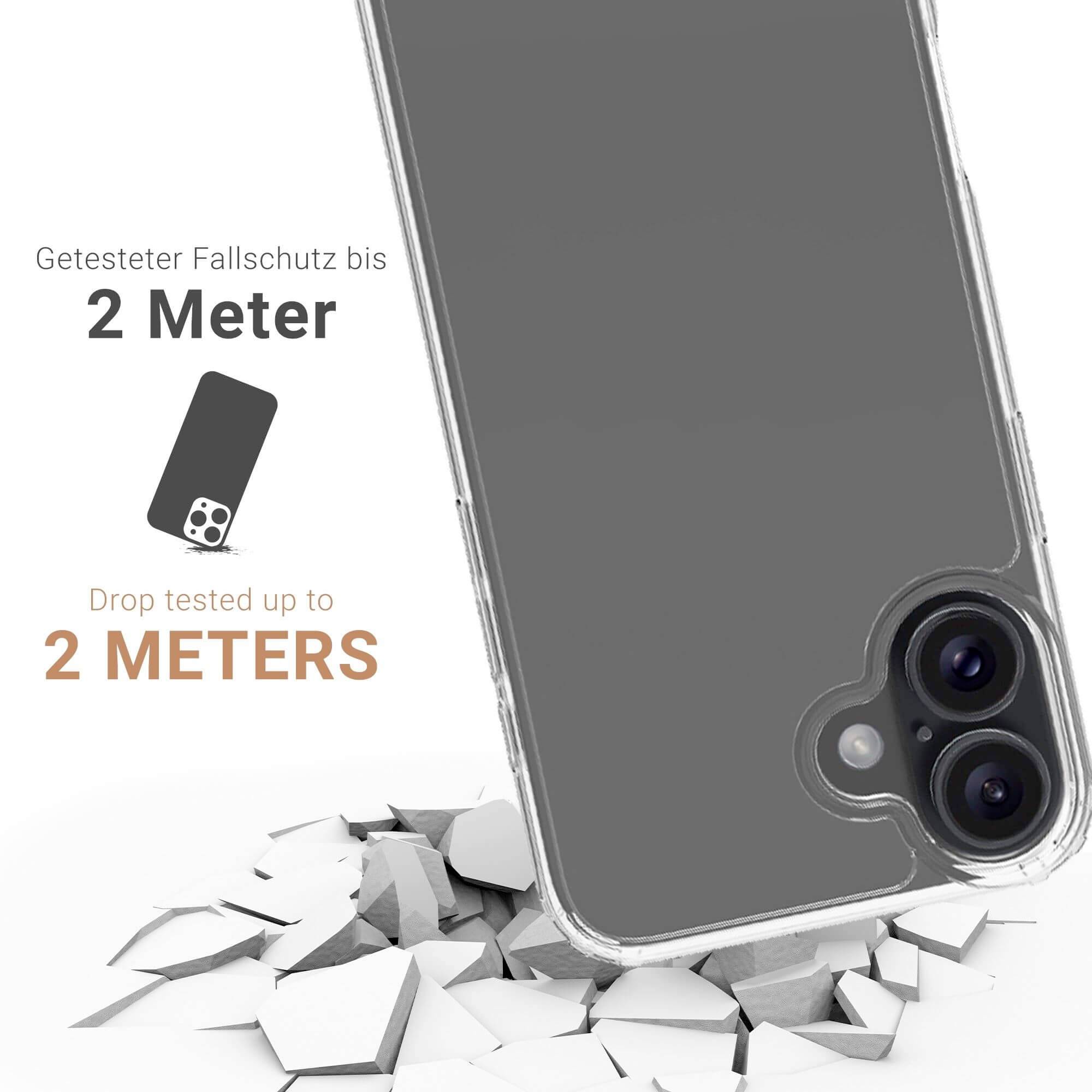 Smartfon z przezroczystą obudową ochronną leży na potłuczonych kafelkach. Tekst: 'Testowana odporność na upadki do 2 metrów'.